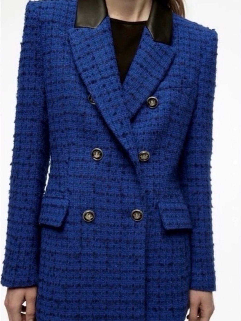 Zara Double-Breasted Royal Blue Tweed Blazer with Black Collar
